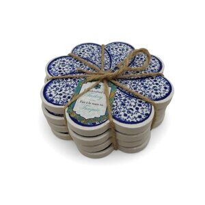 Turkish Ceramic Floral Blue White Set Of 4 Flower Shape Coasters